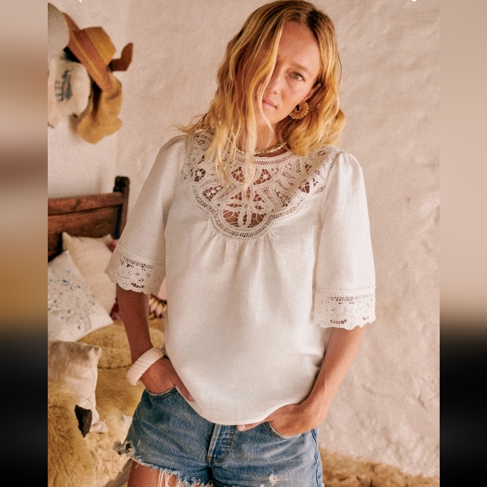 Sezane Milani Ivory Lace Trim Blouse